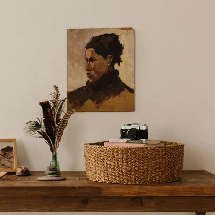 The Harvest round jumbo woven bowl is handcrafted from hogla grass, an aquatic plant. Woven together, it creates a design that's both lightweight and strong, with layers of natural texture and tone.