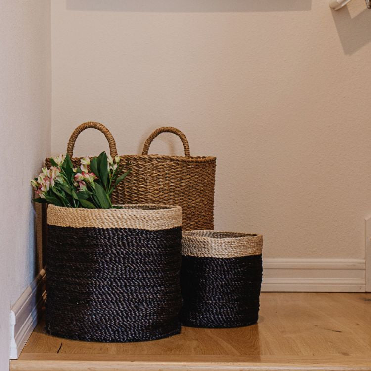 Tall Round Jute Storage Baskets Charcoal Natural Band