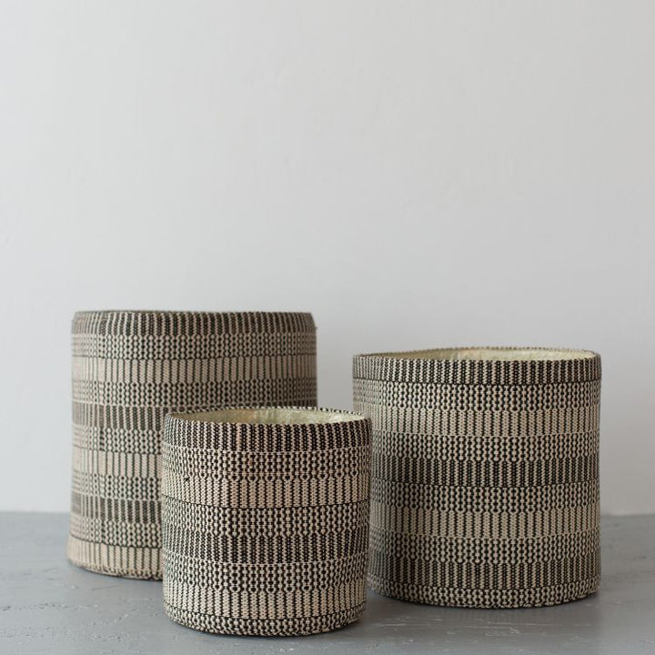 These handwoven round storage baskets in Kalied pattern are perfectly suited for an array of purposes, like storage for winter gear, a catch-all for laundry, or as a cozy nest for your child’s stuffed animals. Offered in three sizes, small, medium and large. 