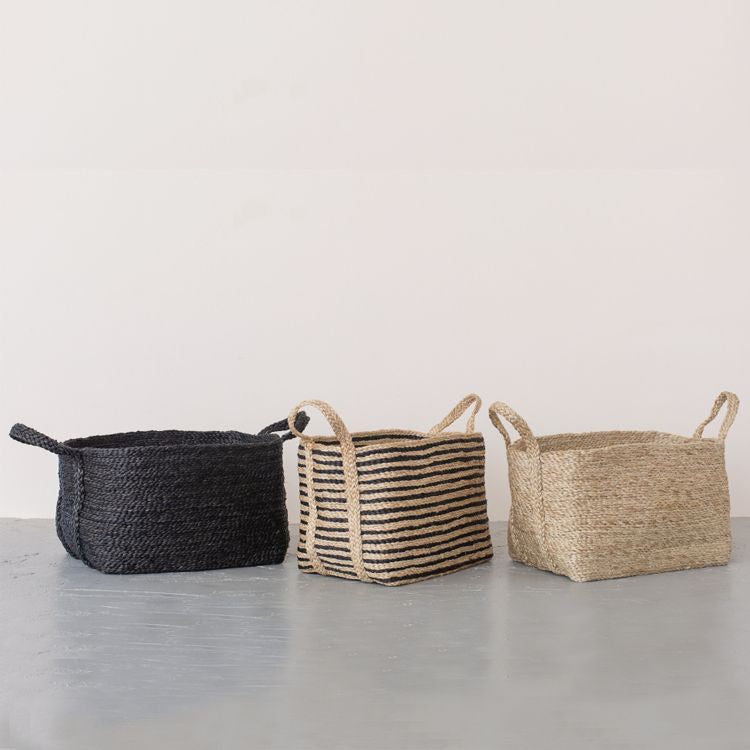 Available in a natural, charcoal, and striped palette, our versatile jute baskets will accent any design aesthetic, from coastal to bohemian. And with flexible siding, our jute baskets can adapt to fit your space. 