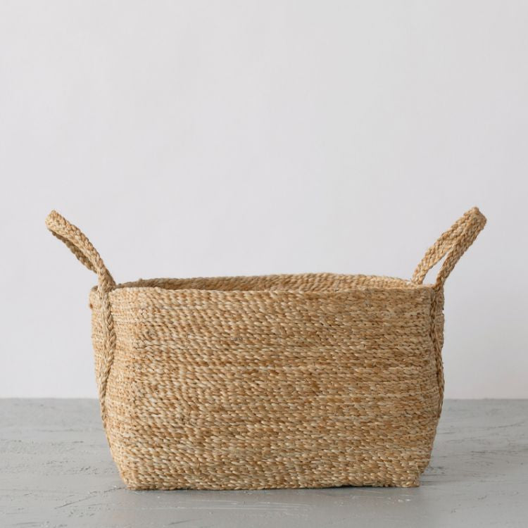 Handcrafted Square Jute Basket in Natural with sturdy woven handles for easy transport, perfect for organizing your home.