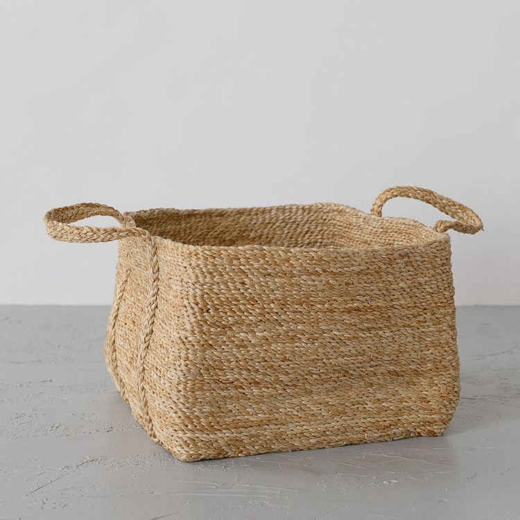 Handcrafted Square Jute Basket in Natural with sturdy woven handles for easy transport, perfect for organizing your home.