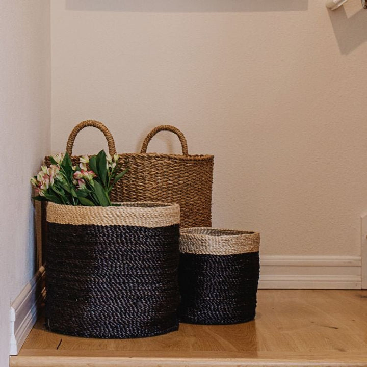 Tall Round Jute Storage Baskets Charcoal Natural Band New Arrivals