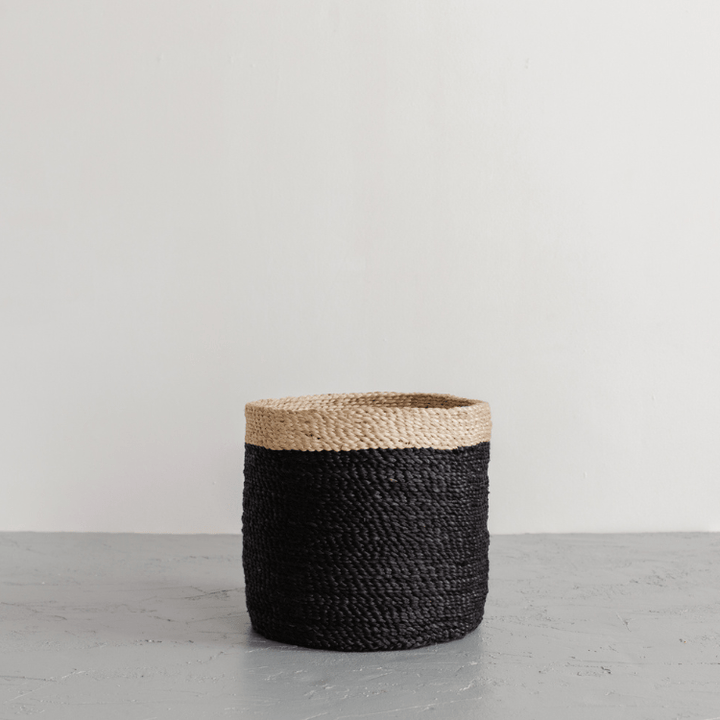 Tall Round Jute Storage Baskets Charcoal Natural Band New Arrivals