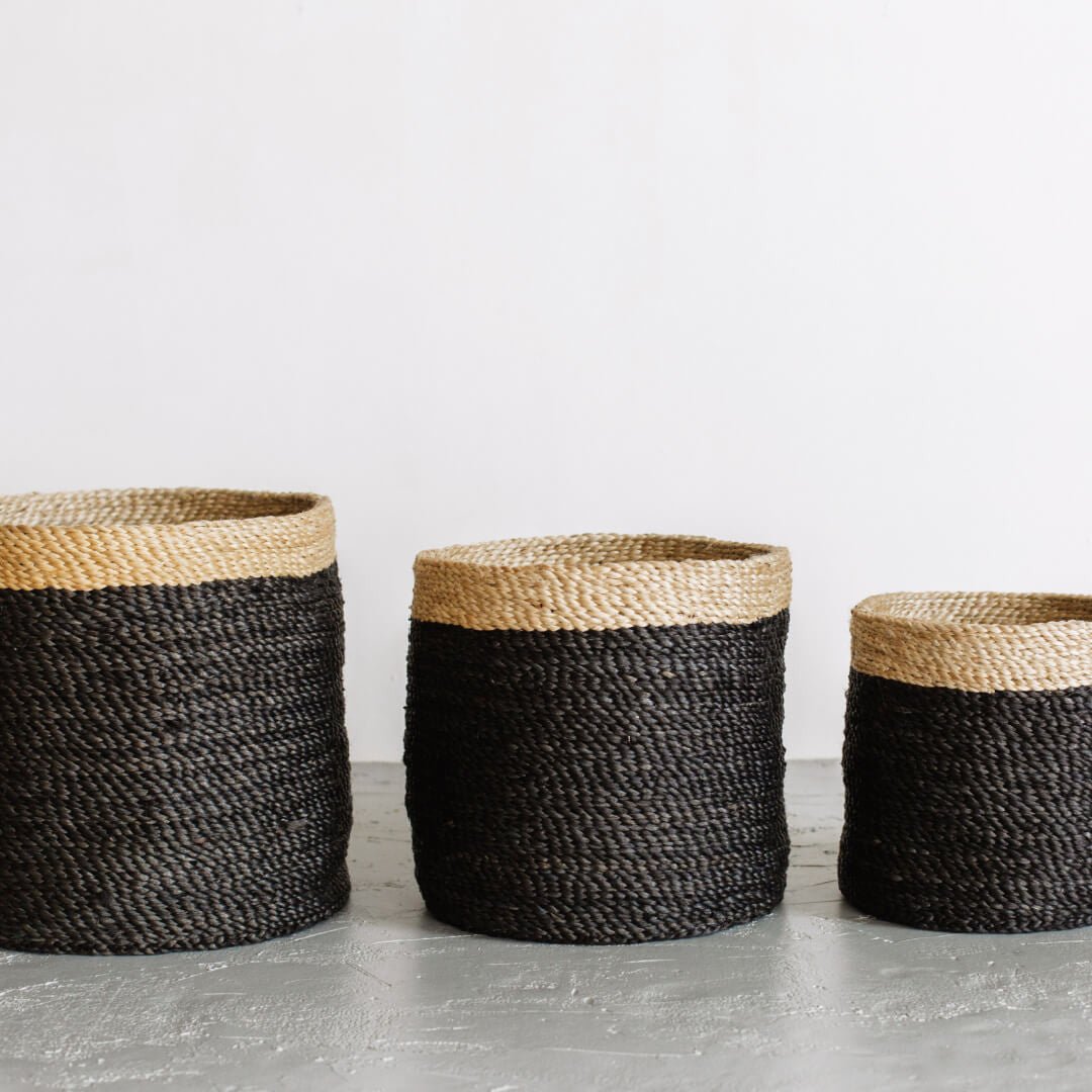 Tall Round Jute Storage Baskets Charcoal Natural Band New Arrivals