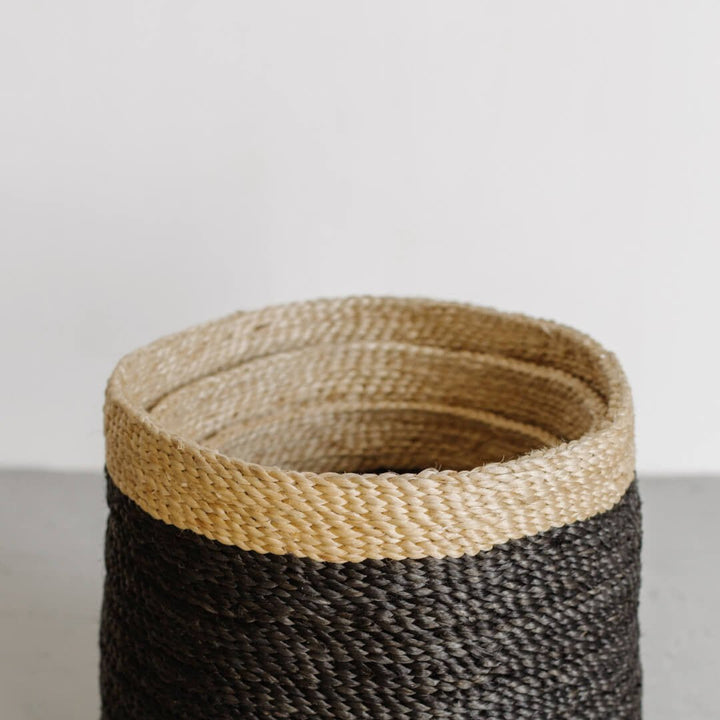 Tall Round Jute Storage Baskets Charcoal Natural Band New Arrivals