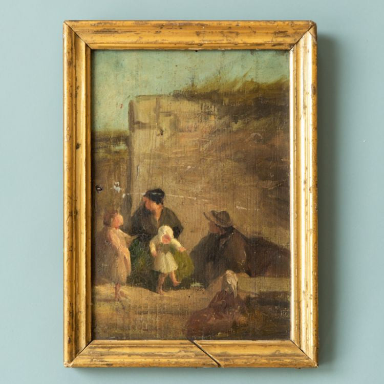 Vintage French Painting of a family in a baroque village, hand-painted with exquisite details and colors, mounted in a gorgeous gold frame adding old-world elegance to your home decor.